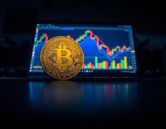 Bitcoin coin in foreground with trading charts in background illustrating a liquidation event