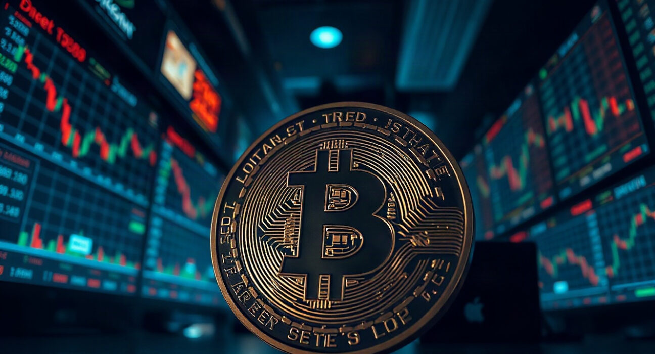 Bitcoin coin in foreground with trading charts in background, representing a large short position