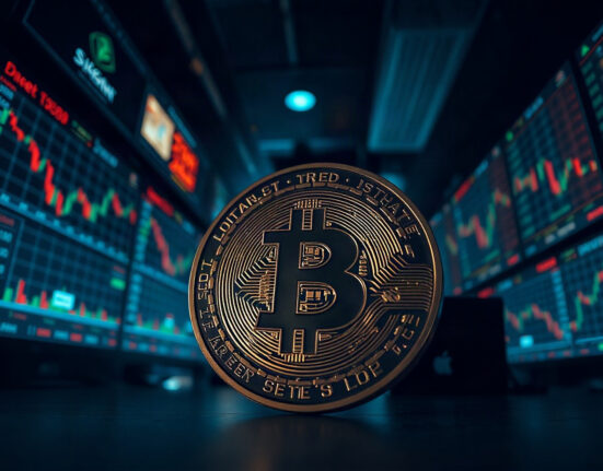 Bitcoin coin in foreground with trading charts in background, representing a large short position