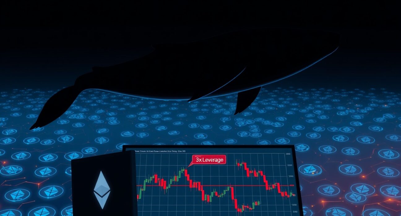 Digital illustration of a whale swimming above Ethereum blockchain network and trading charts