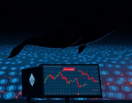 Digital illustration of a whale swimming above Ethereum blockchain network and trading charts