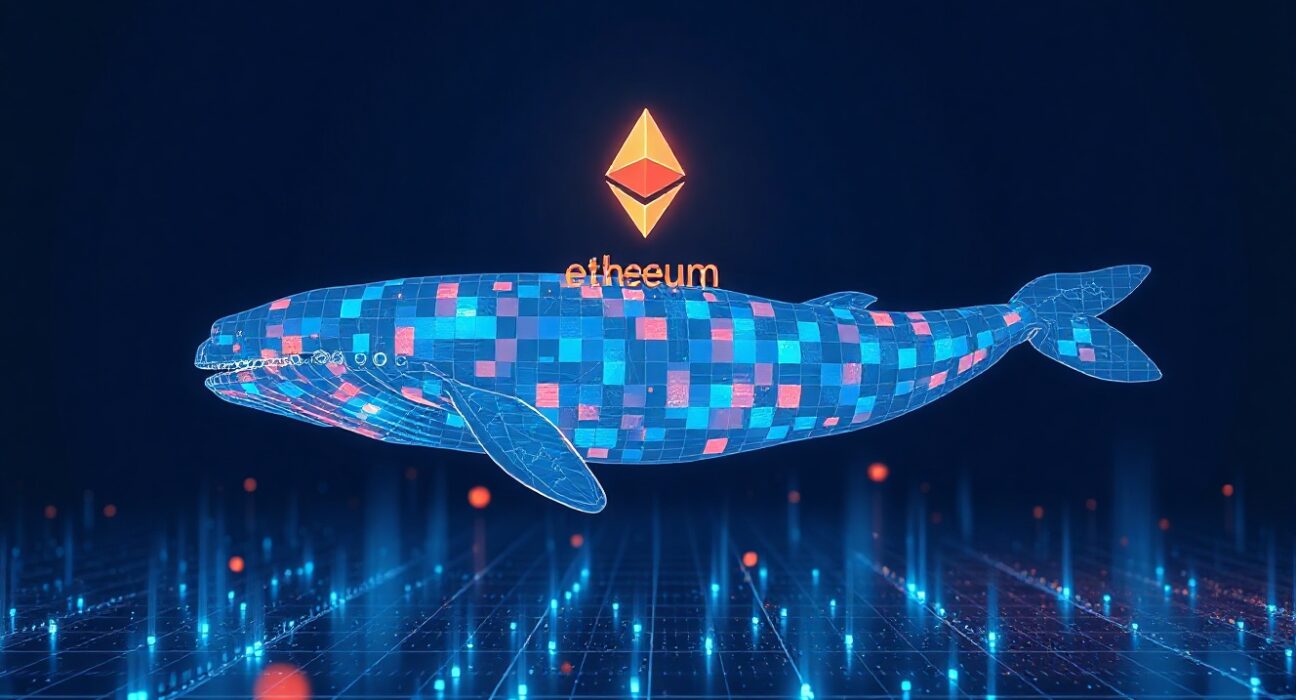 Digital whale swimming through blockchain data streams representing a large Ethereum transaction.