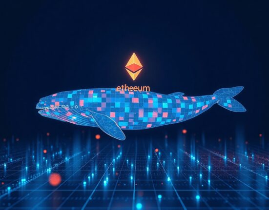 Digital whale swimming through blockchain data streams representing a large Ethereum transaction.