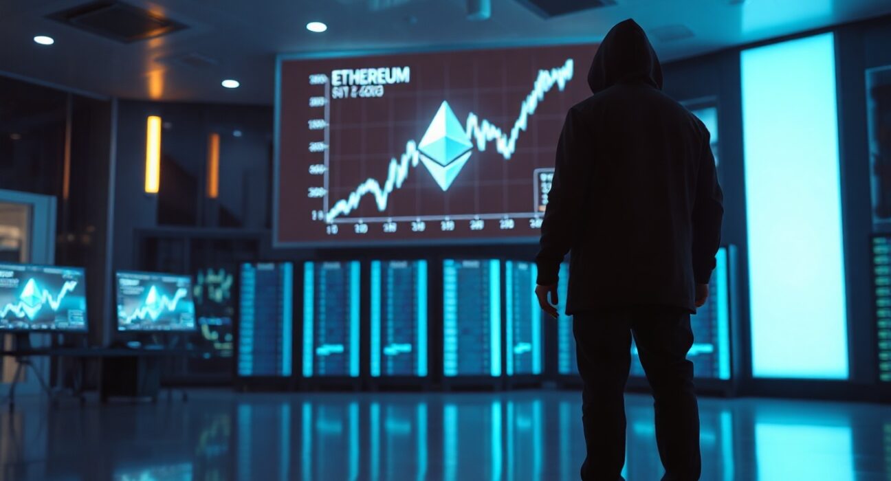 Anonymous whale figure monitoring Ethereum price charts and Aave platform on a large screen in a modern trading room.
