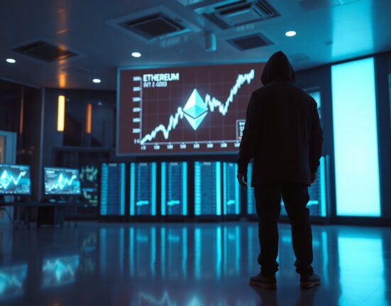 Anonymous whale figure monitoring Ethereum price charts and Aave platform on a large screen in a modern trading room.