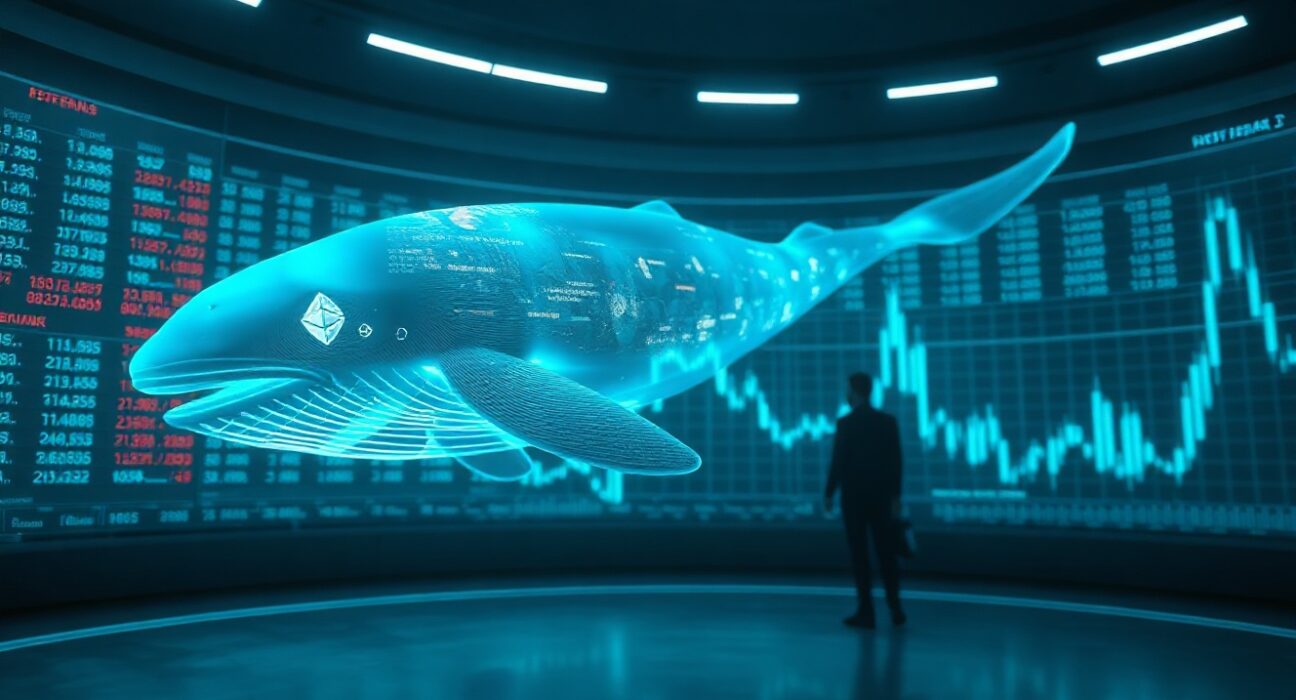 Digital whale swimming through financial data screens representing a large Ethereum short position on Aave