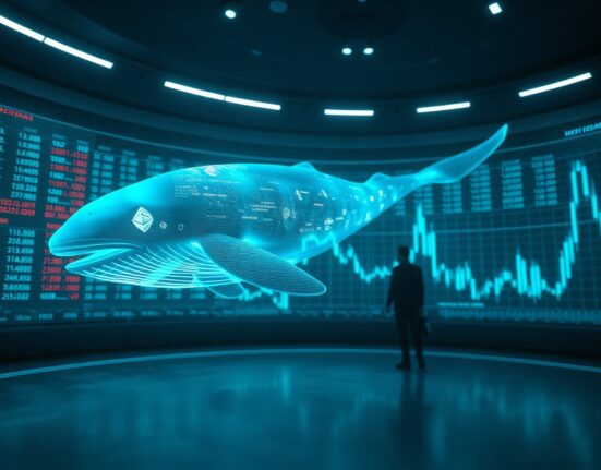 Digital whale swimming through financial data screens representing a large Ethereum short position on Aave