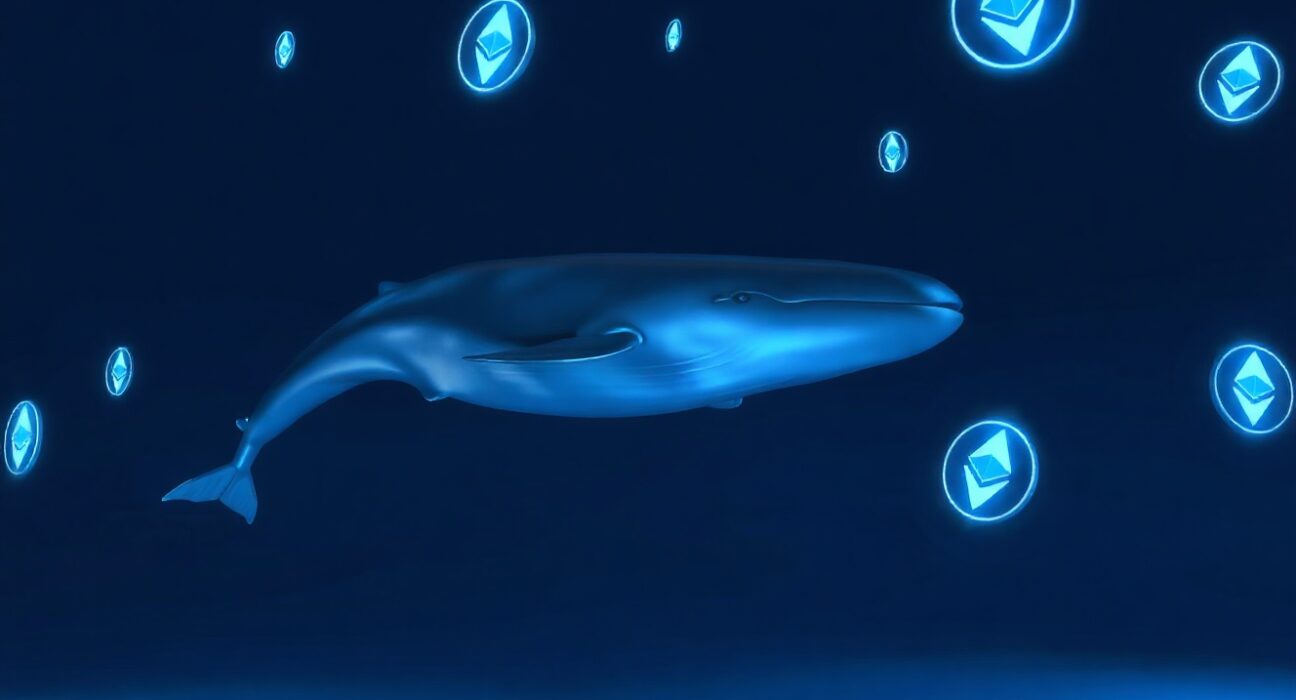 A digital whale swimming through data streams and Ethereum logos in a dark ocean, representing a crypto whale transaction.