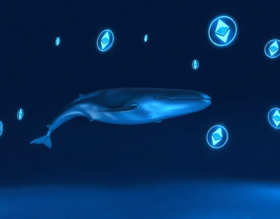 A digital whale swimming through data streams and Ethereum logos in a dark ocean, representing a crypto whale transaction.