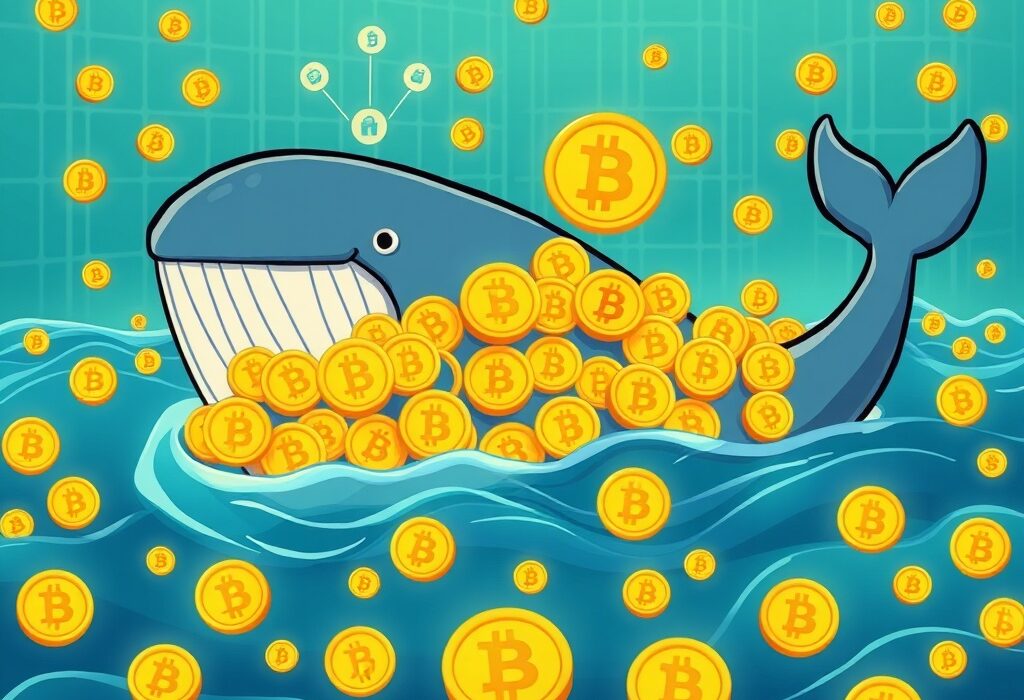 A cartoon whale represents significant whale BTC accumulation, highlighting large Bitcoin transactions.