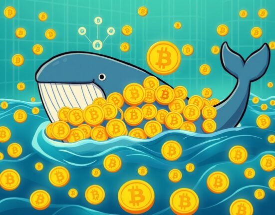 A cartoon whale represents significant whale BTC accumulation, highlighting large Bitcoin transactions.