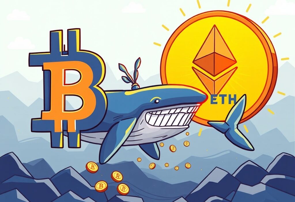 A cartoon whale making a significant Whale BTC to ETH Shift, illustrating a large crypto asset reallocation between Bitcoin and Ethereum.