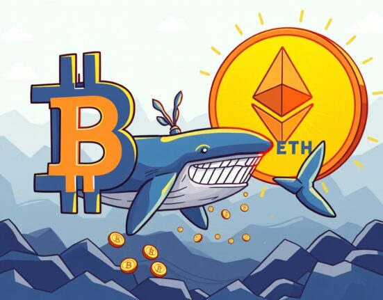 A cartoon whale making a significant Whale BTC to ETH Shift, illustrating a large crypto asset reallocation between Bitcoin and Ethereum.