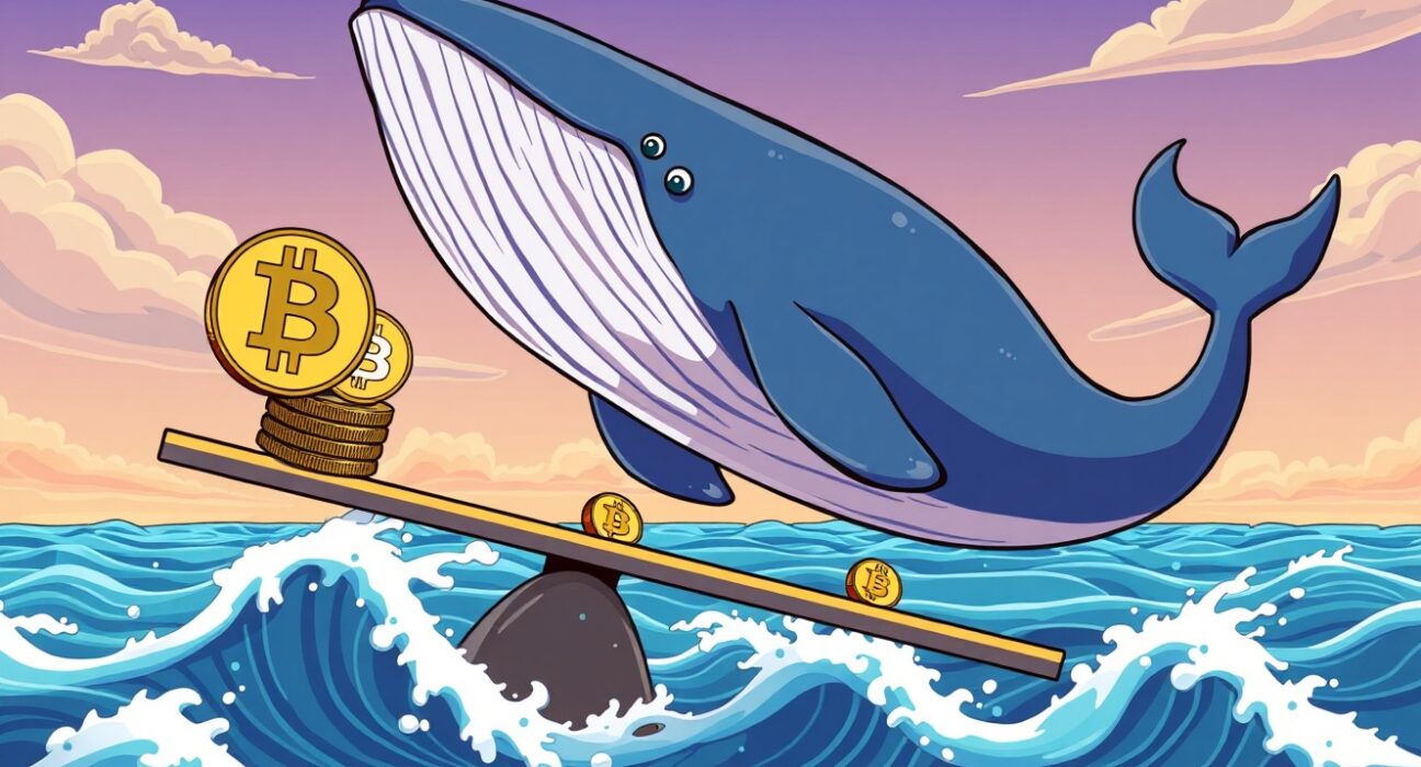 A giant whale balancing Bitcoin coins in a vibrant cartoon illustrating a massive BTC long position.