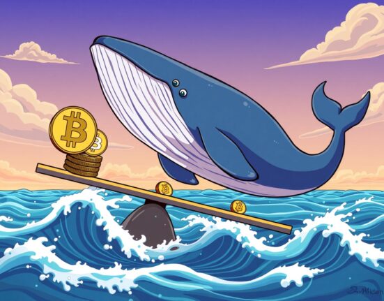 A giant whale balancing Bitcoin coins in a vibrant cartoon illustrating a massive BTC long position.