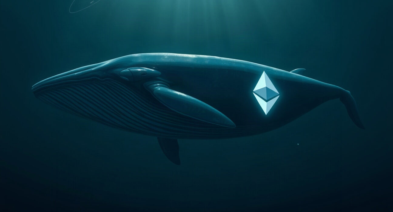 A whale with an Ethereum logo swimming in the ocean, symbolizing a large ETH purchase.