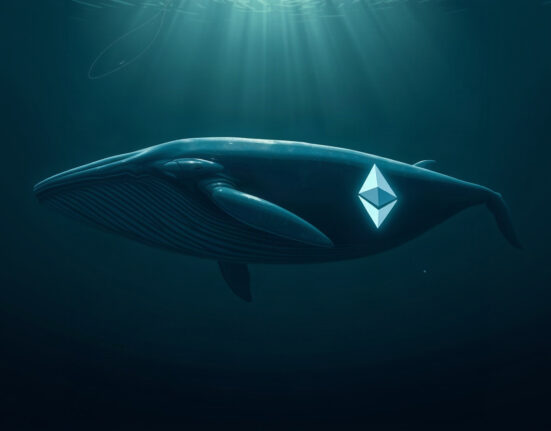 A whale with an Ethereum logo swimming in the ocean, symbolizing a large ETH purchase.