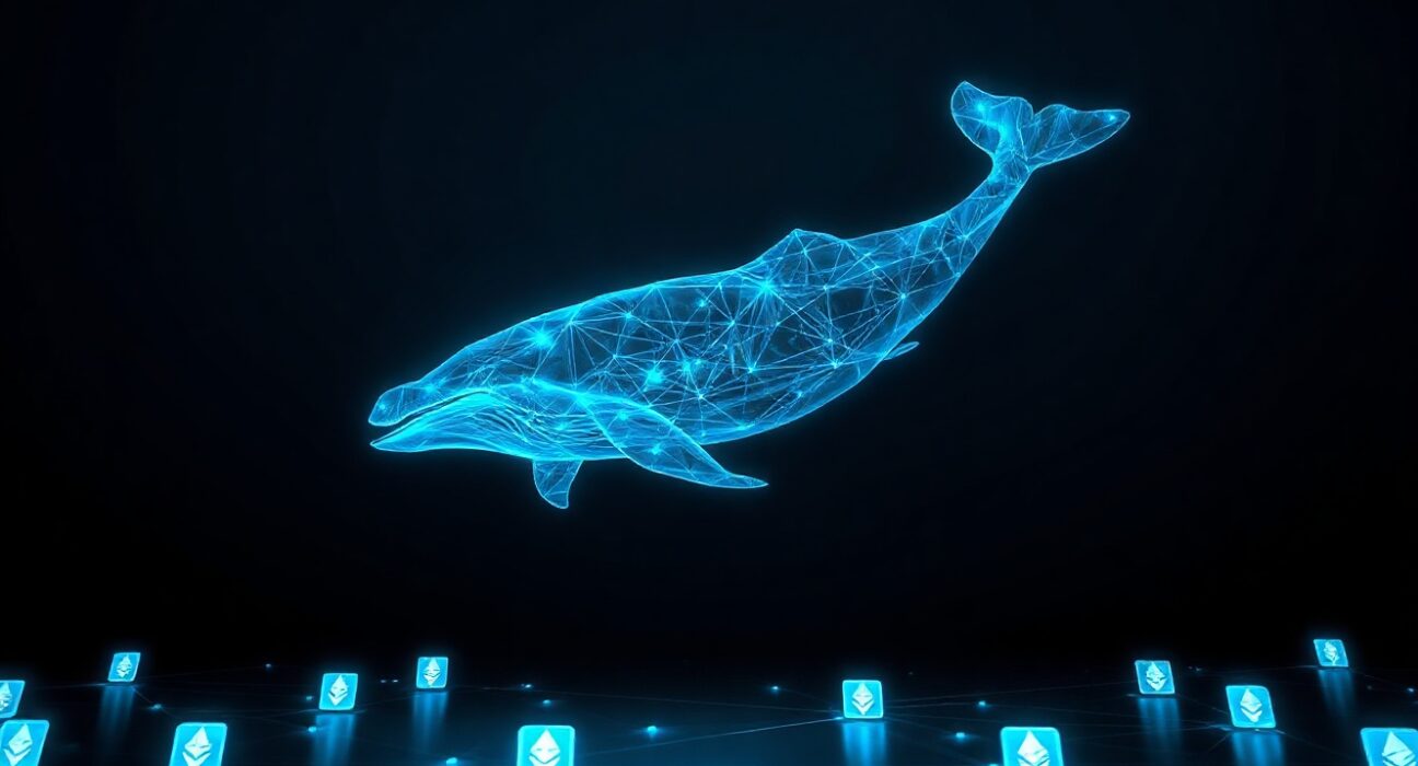 Digital whale made of blockchain data swimming through an Ethereum network background