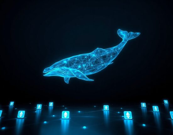 Digital whale made of blockchain data swimming through an Ethereum network background