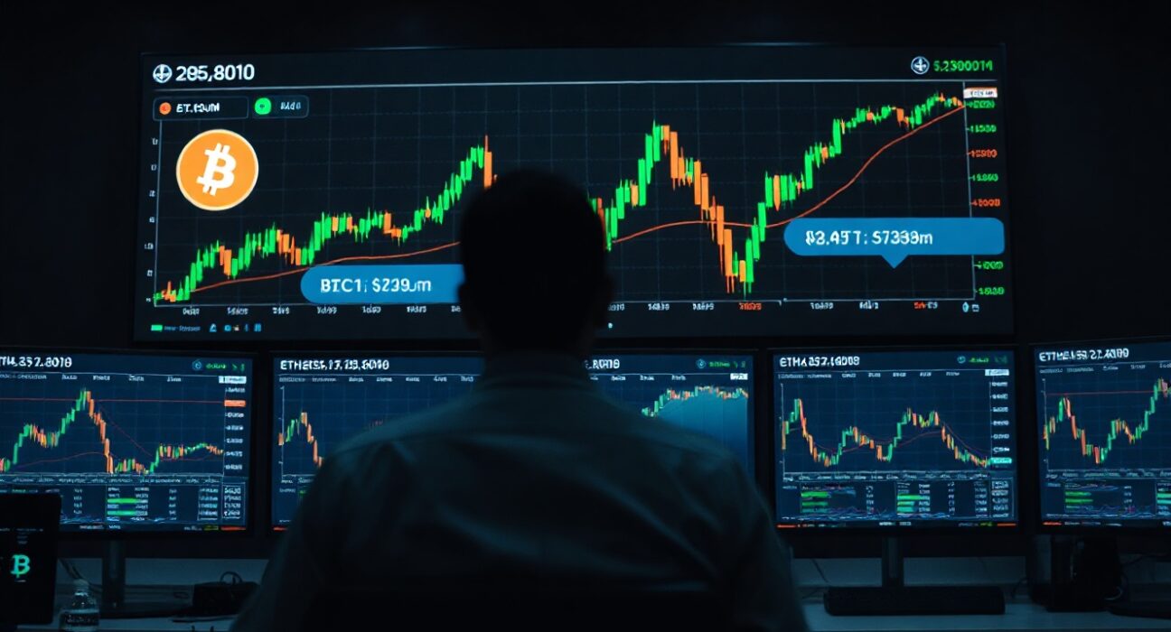 Cryptocurrency trading dashboard showing Bitcoin and Ethereum charts in a dark professional office