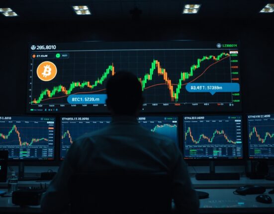 Cryptocurrency trading dashboard showing Bitcoin and Ethereum charts in a dark professional office