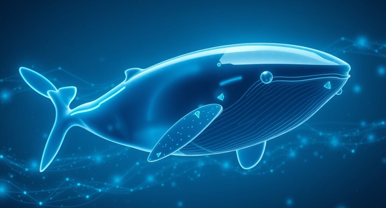 Digital whale made of Ethereum symbols swimming through a futuristic ocean of data and charts, representing a large cryptocurrency investor.