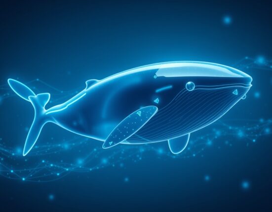 Digital whale made of Ethereum symbols swimming through a futuristic ocean of data and charts, representing a large cryptocurrency investor.