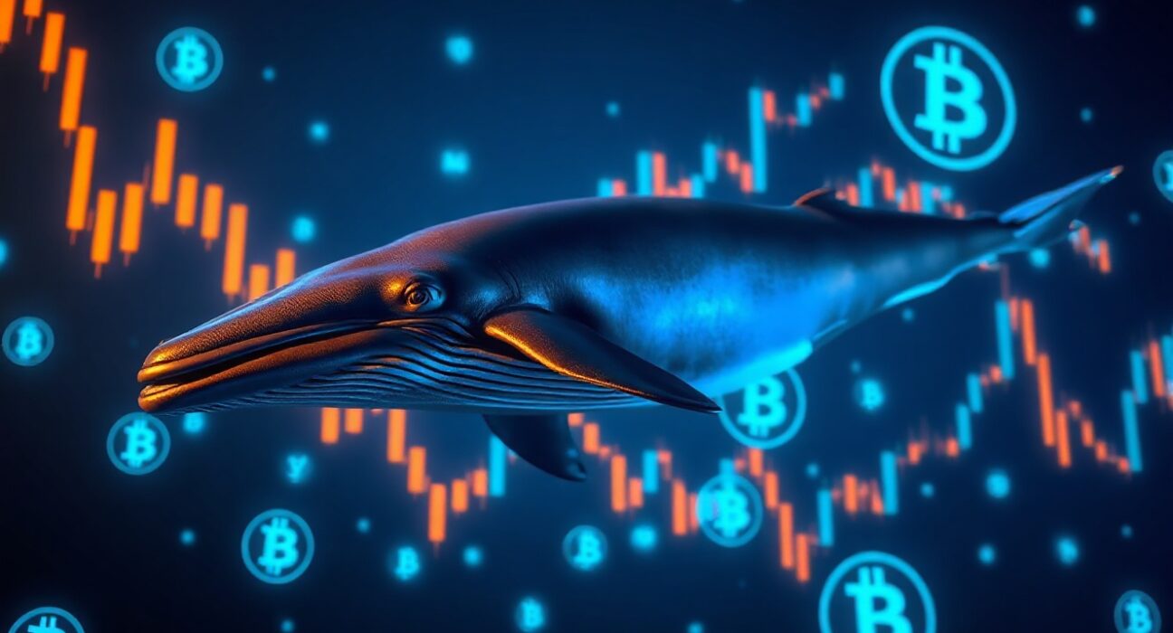 Digital whale swimming through Bitcoin candlestick charts representing a large leveraged trade.