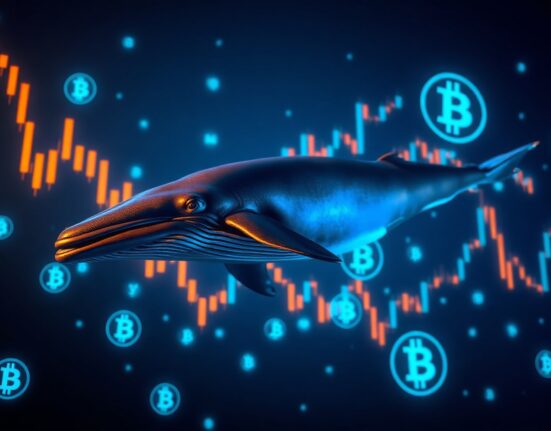Digital whale swimming through Bitcoin candlestick charts representing a large leveraged trade.