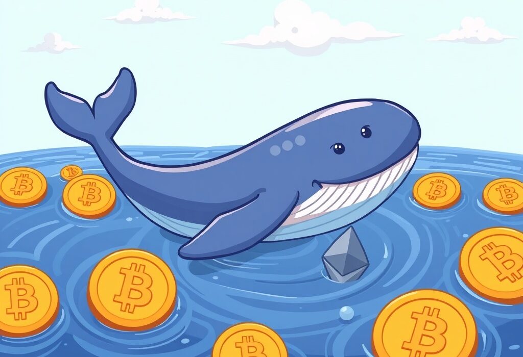 A large, cartoon whale strategically investing in Bitcoin and Ethereum during a market downturn, symbolizing a significant whale crypto purchase.