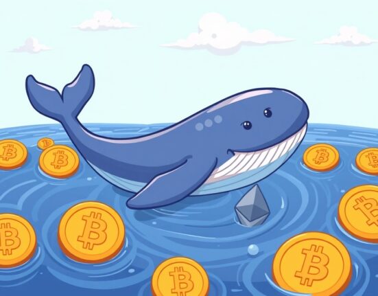 A large, cartoon whale strategically investing in Bitcoin and Ethereum during a market downturn, symbolizing a significant whale crypto purchase.