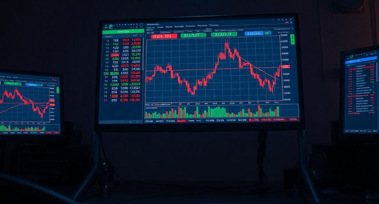 Trading screens showing a declining chart in a professional office, representing a whale's short position loss.