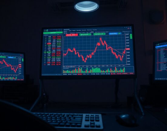 Trading screens showing a declining chart in a professional office, representing a whale's short position loss.