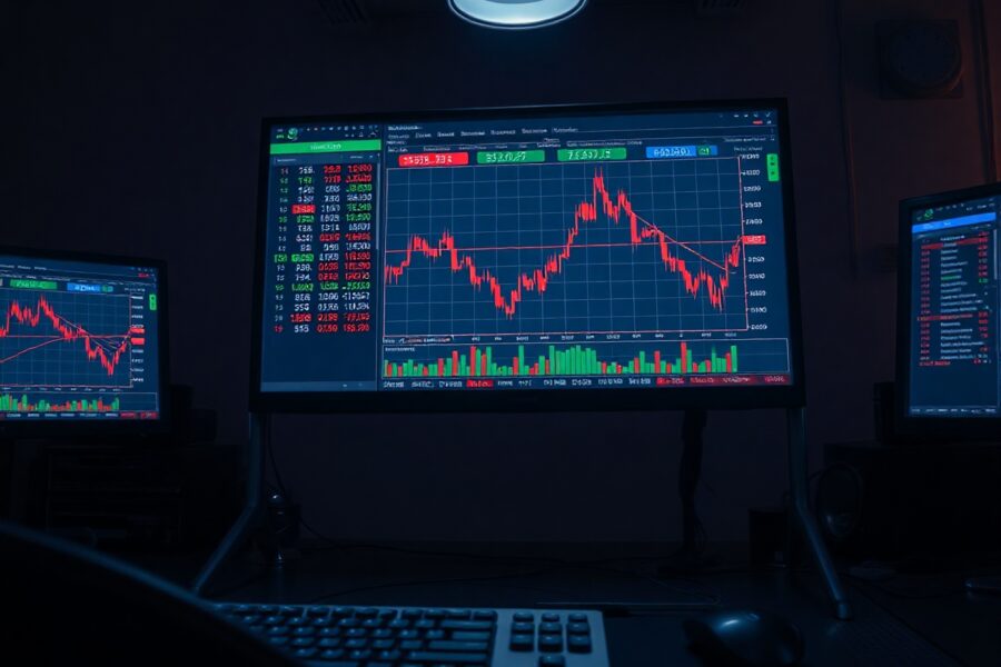 Trading screens showing a declining chart in a professional office, representing a whale's short position loss.