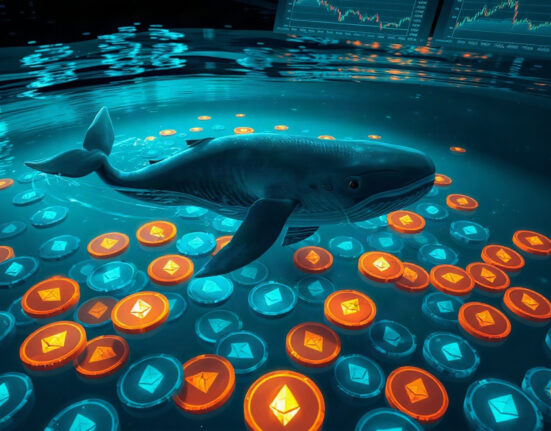 Digital whale symbolizing large Ethereum holder swimming among ETH tokens in a dark financial trading environment.