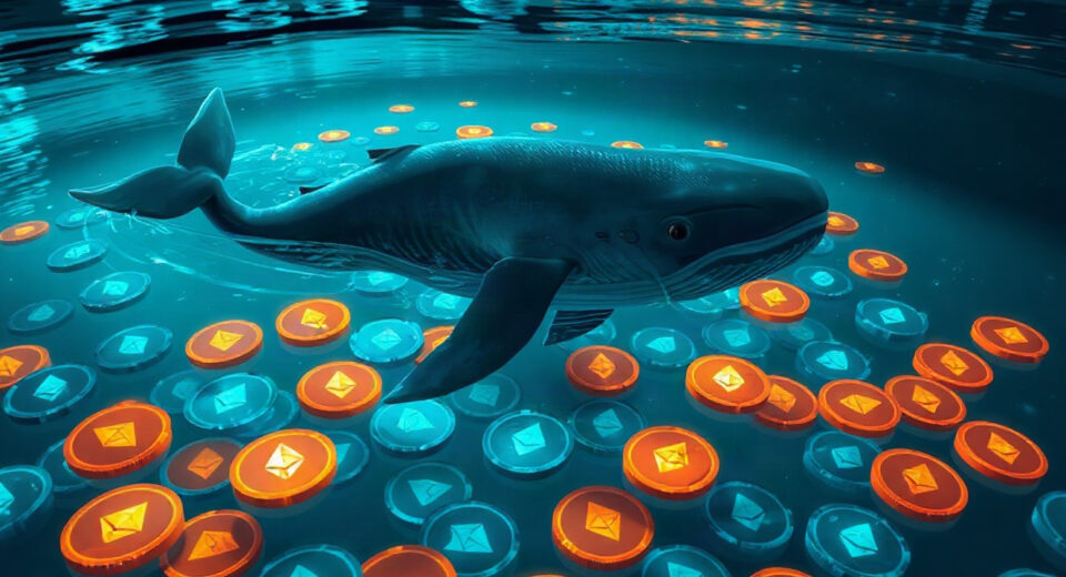 Digital whale symbolizing large Ethereum holder swimming among ETH tokens in a dark financial trading environment.