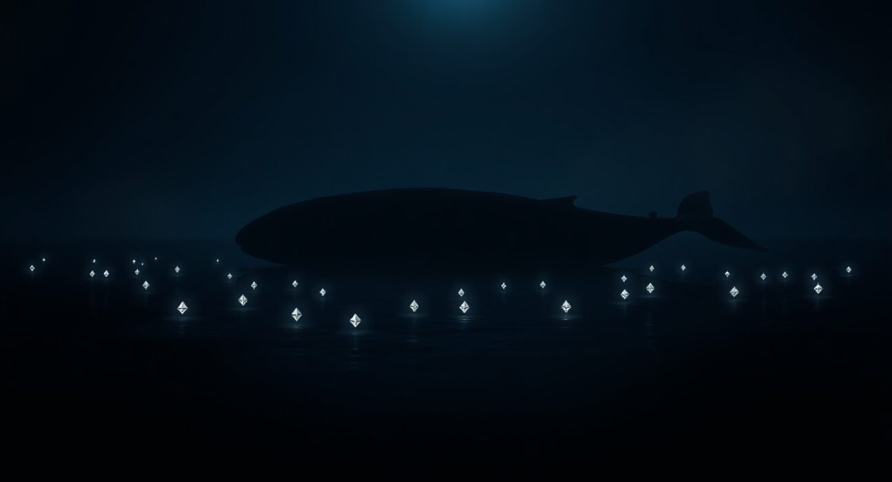 A large whale silhouette swims in a dark ocean with glowing Ethereum symbols, representing a major crypto sell-off.