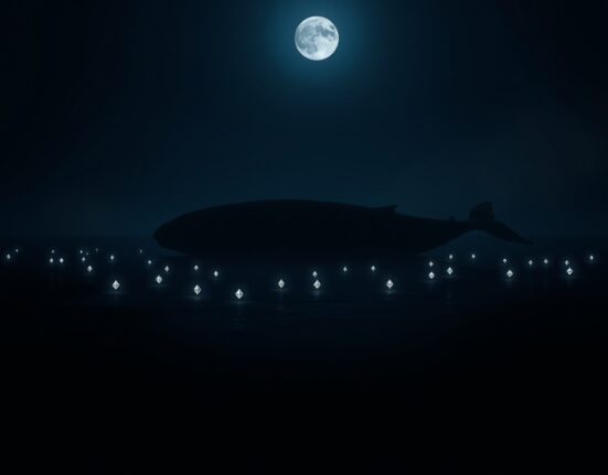 A large whale silhouette swims in a dark ocean with glowing Ethereum symbols, representing a major crypto sell-off.