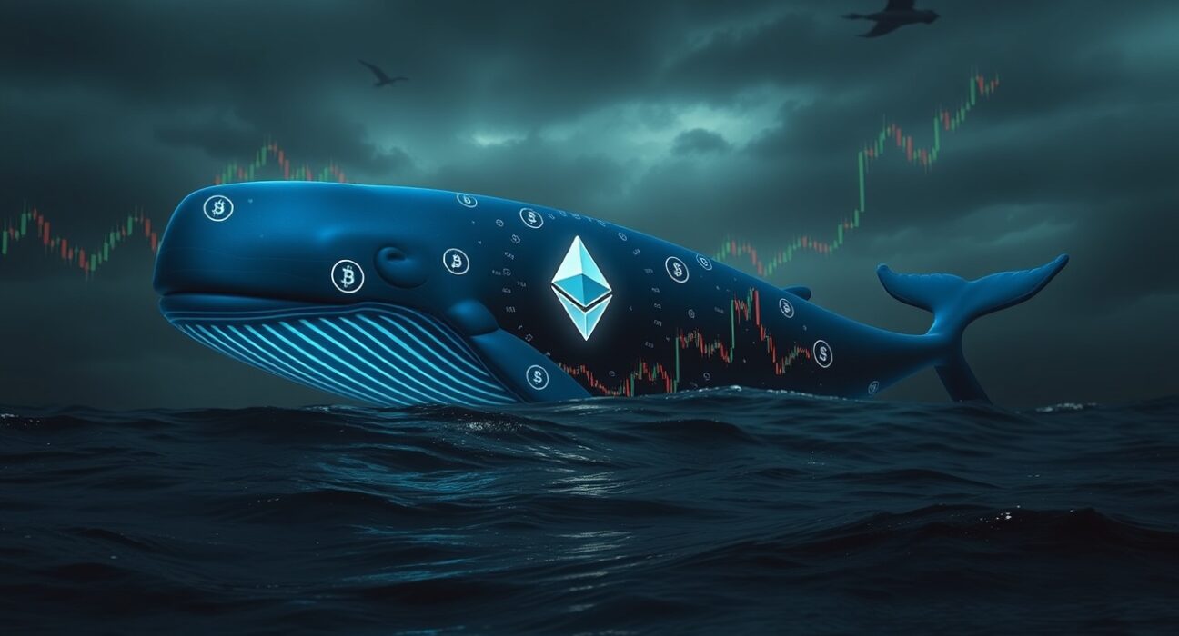 A digital whale composed of Ethereum symbols swimming in a dark, stormy ocean with candlestick patterns in the background.