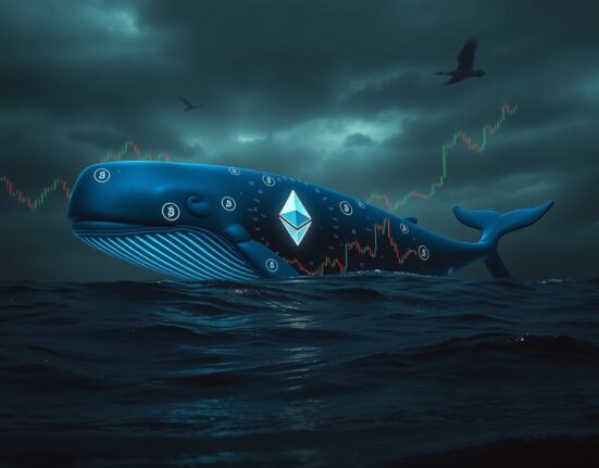 A digital whale composed of Ethereum symbols swimming in a dark, stormy ocean with candlestick patterns in the background.