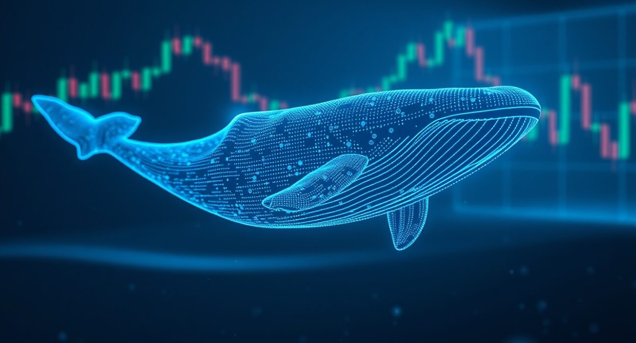 Digital whale swimming through crypto market charts representing a large ENA token trade