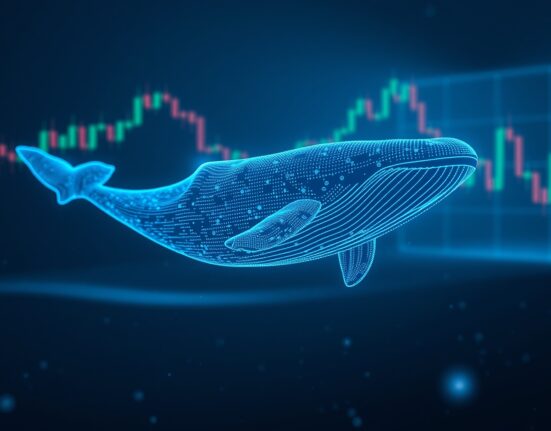 Digital whale swimming through crypto market charts representing a large ENA token trade