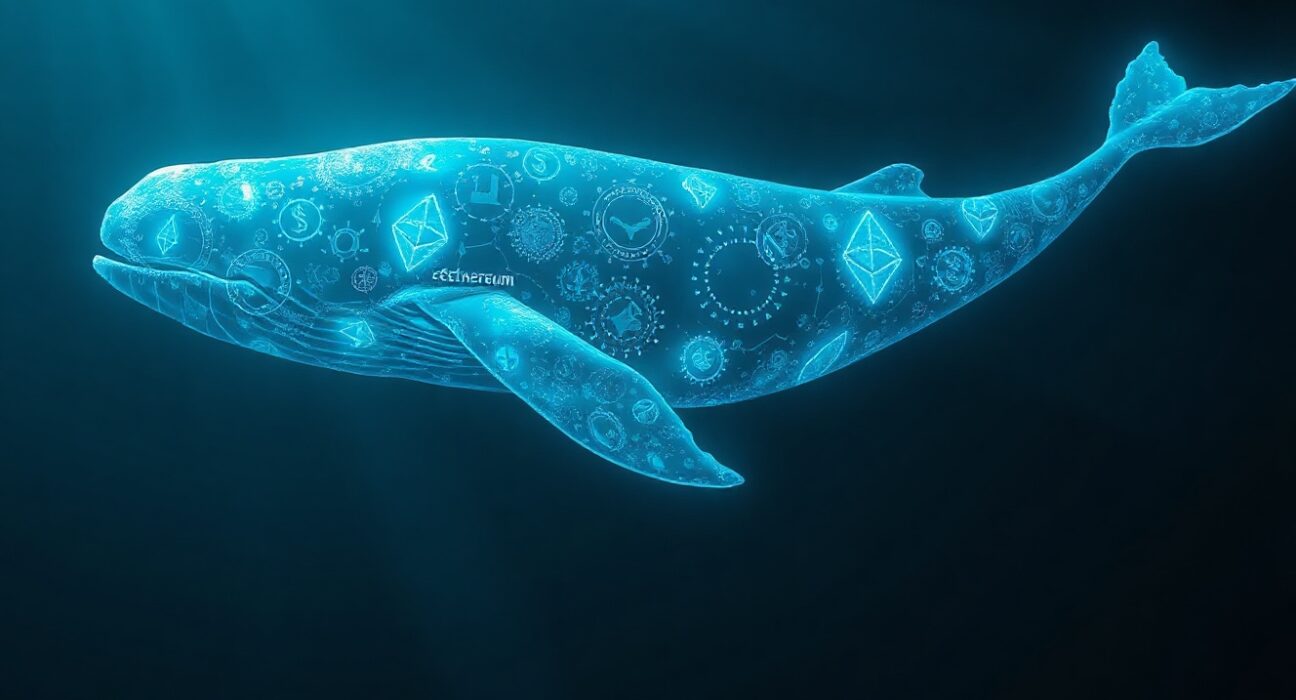A large whale made of Ethereum symbols swimming in a dark digital ocean, representing a major crypto transaction.
