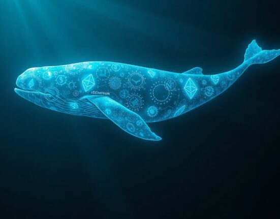 A large whale made of Ethereum symbols swimming in a dark digital ocean, representing a major crypto transaction.