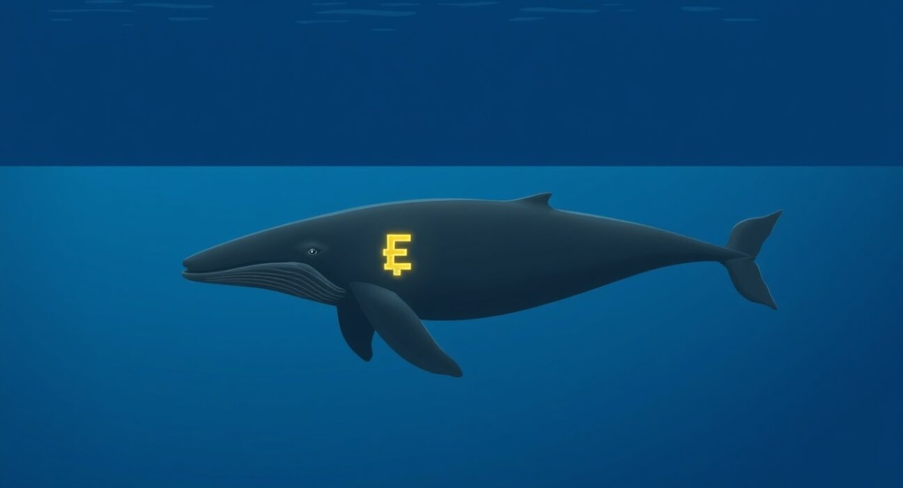 A whale swimming in the ocean with a glowing ETH symbol, representing a large cryptocurrency transaction.