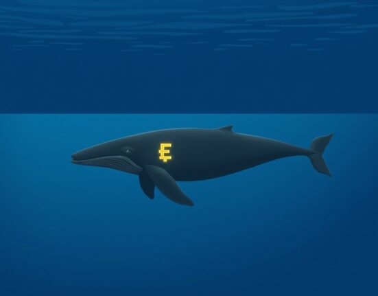 A whale swimming in the ocean with a glowing ETH symbol, representing a large cryptocurrency transaction.