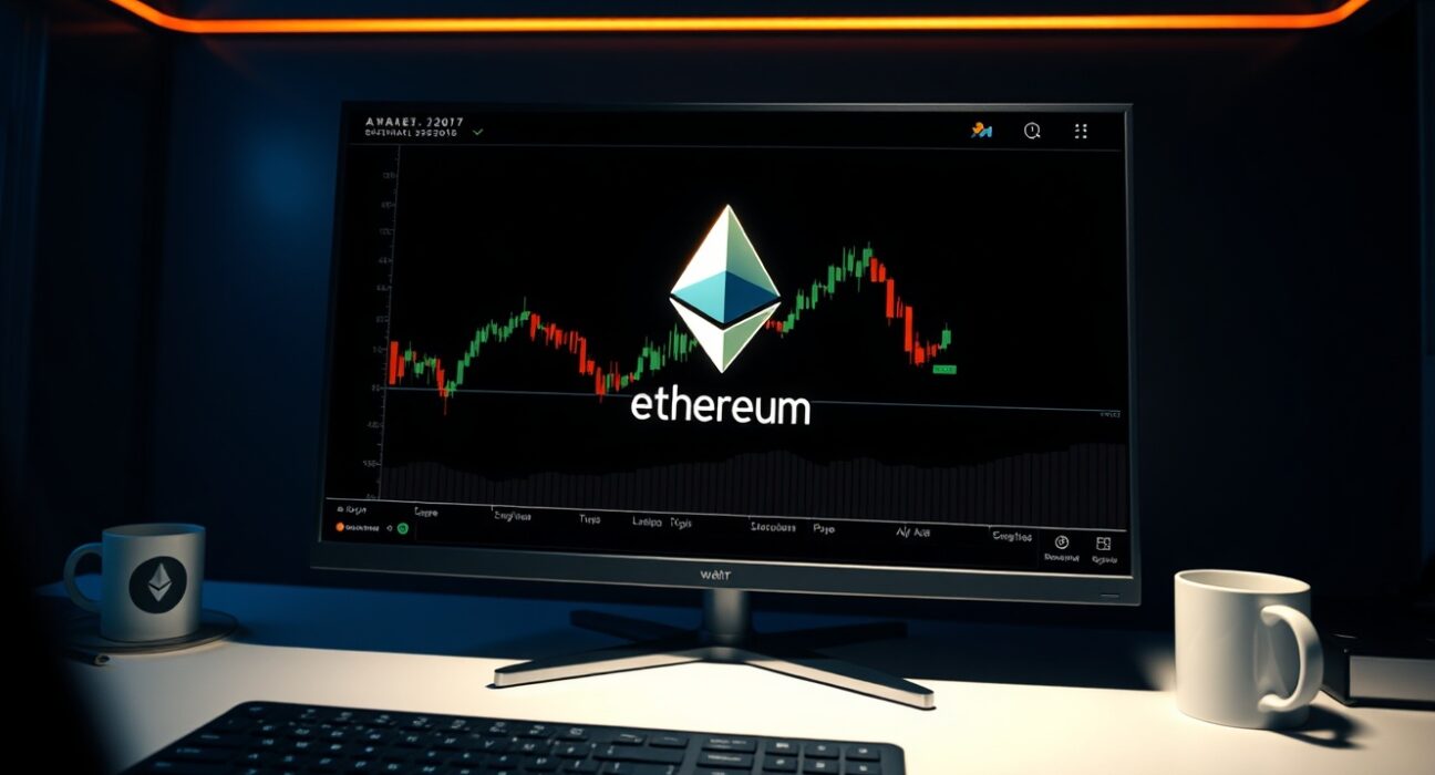 Ethereum symbol on a dark trading screen with exchange interface in background