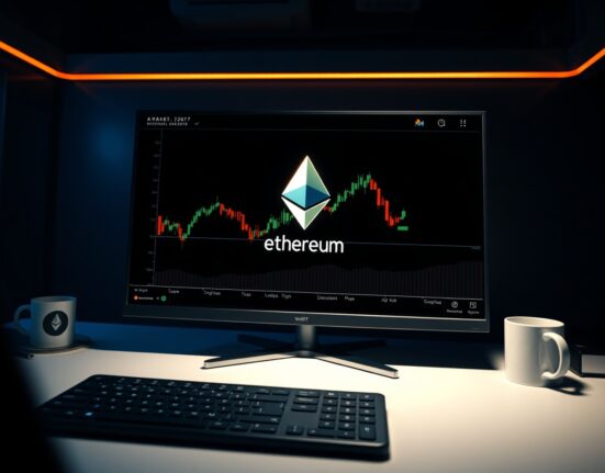 Ethereum symbol on a dark trading screen with exchange interface in background