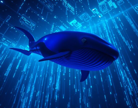 Digital whale swimming through Ethereum blockchain network data streams