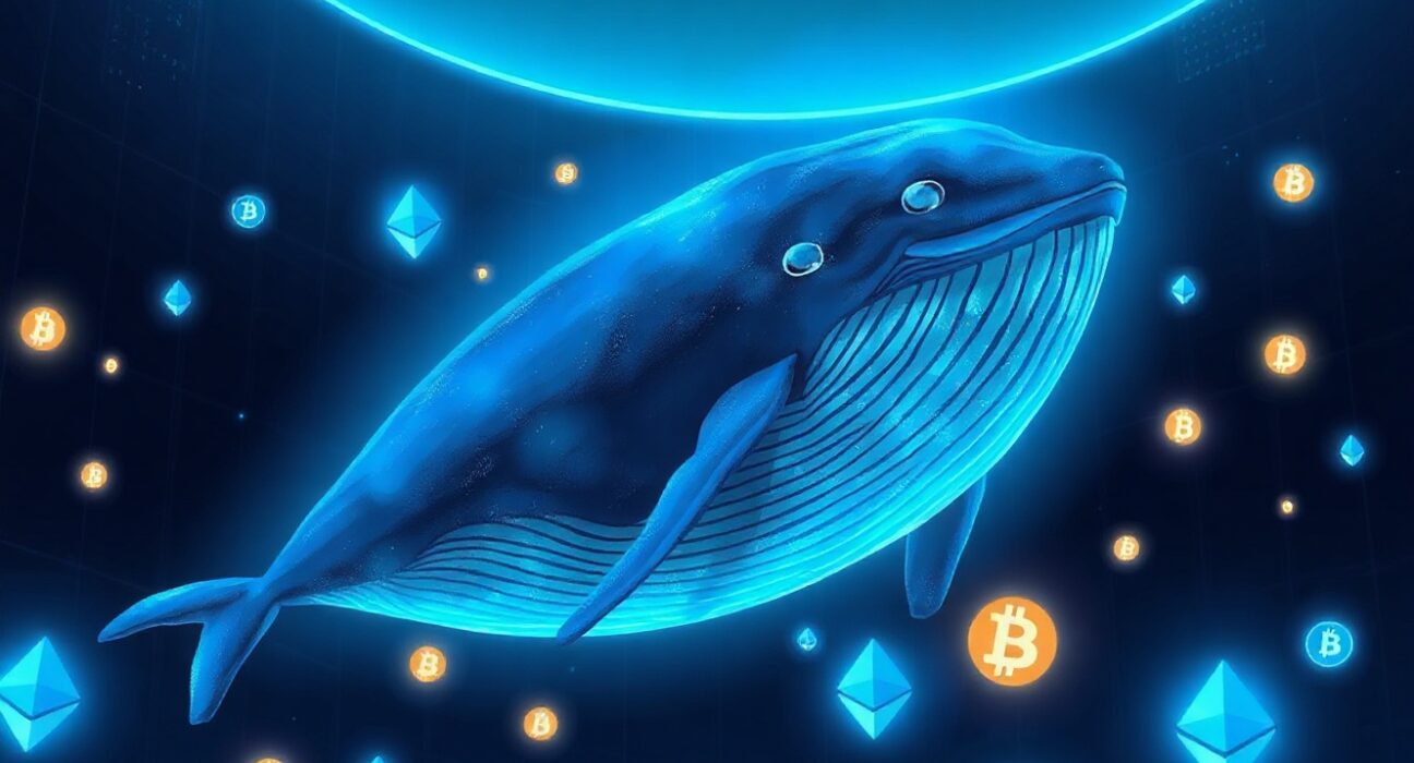 A digital whale swimming through Ethereum blockchain symbols, representing a large cryptocurrency transaction.